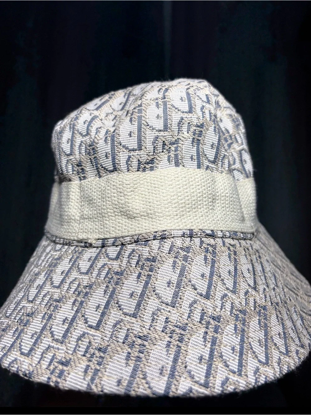 Dior Cream and Blue Monogram Embroidered Bucket Hat